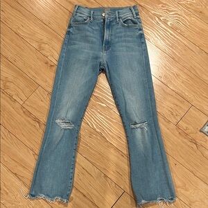 MOTHER Blue Flare Wide Leg Jeans with Distressed Details